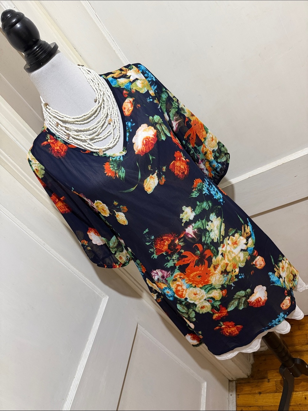 Lady's World Sheer Navy Multi-Color Floral V-Neck Tunic Top